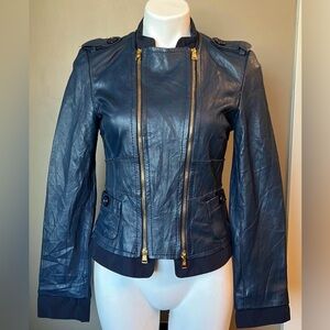 BCBG Navy Leather Jacket with Gold Accents